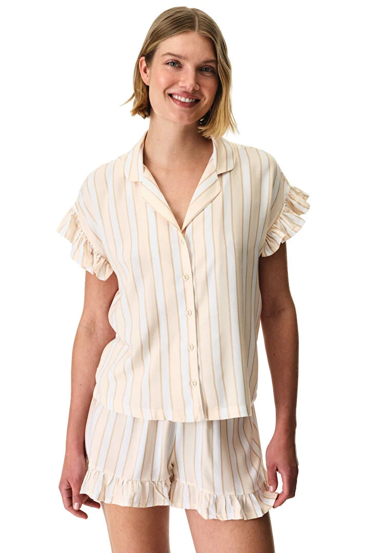Penti Beige Quinn Striped Shirt & Shorts Pajama Set