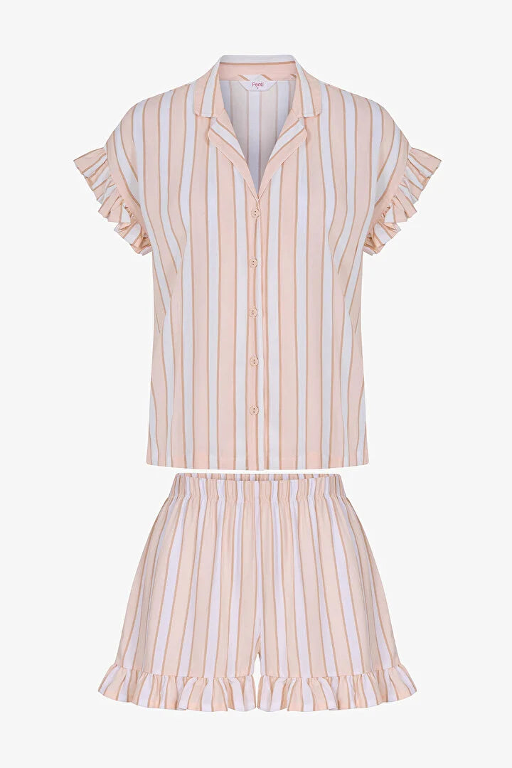 Penti Beige Quinn Striped Shirt & Shorts Pajama Set