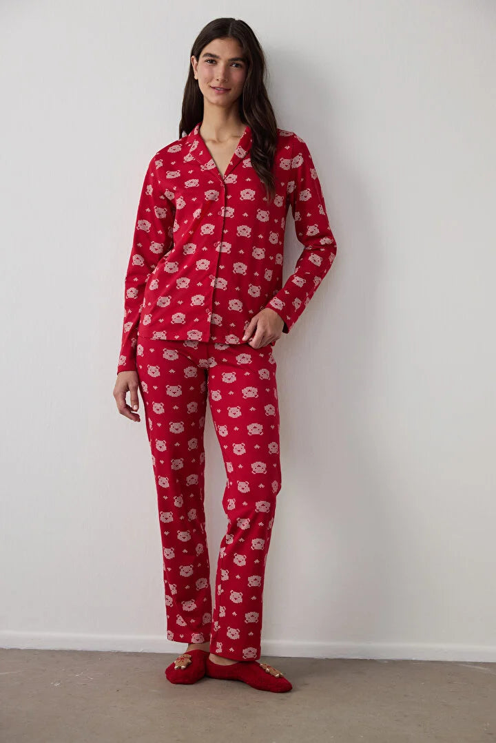 Penti Red Bear Patterned Shirt Collar Long Sleeve Cotton Pajama Set