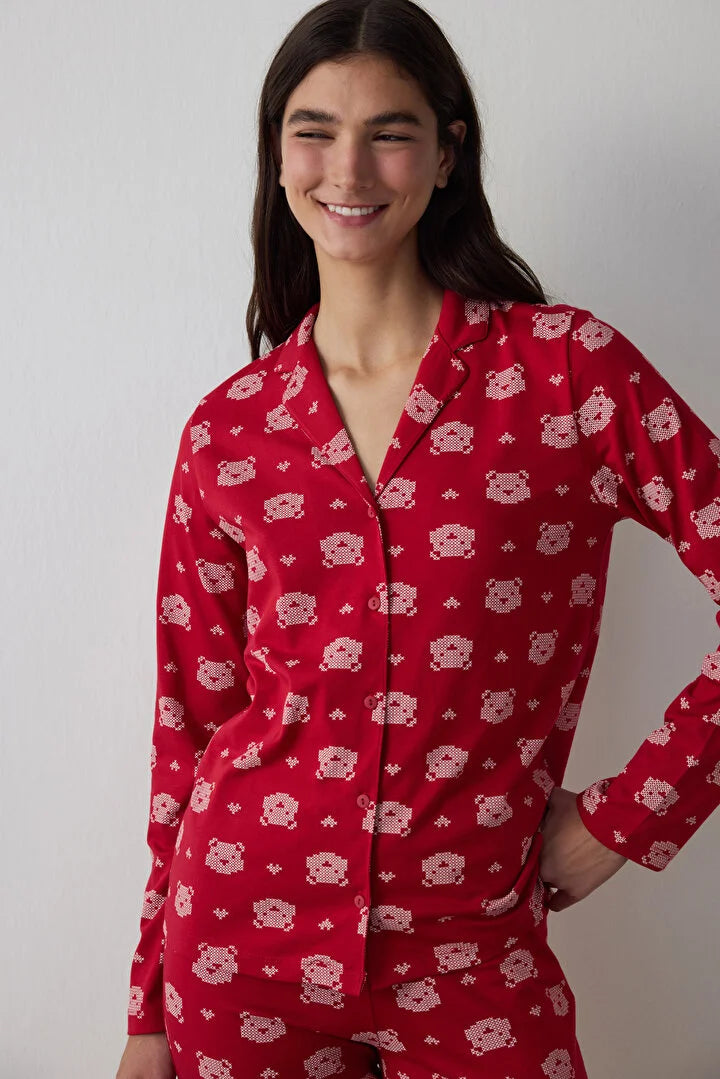 Penti Red Bear Patterned Shirt Collar Long Sleeve Cotton Pajama Set