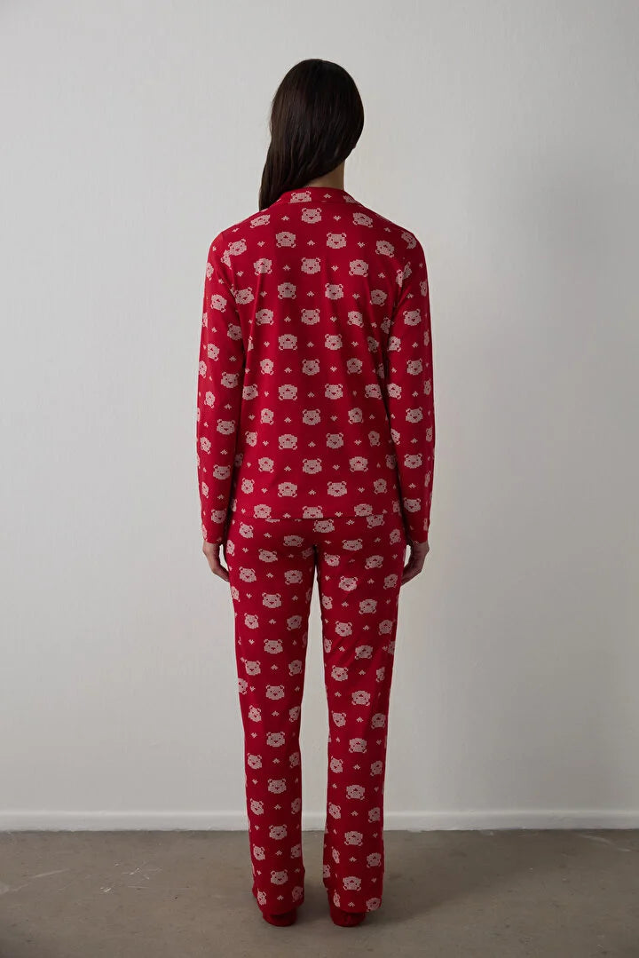 Penti Red Bear Patterned Shirt Collar Long Sleeve Cotton Pajama Set