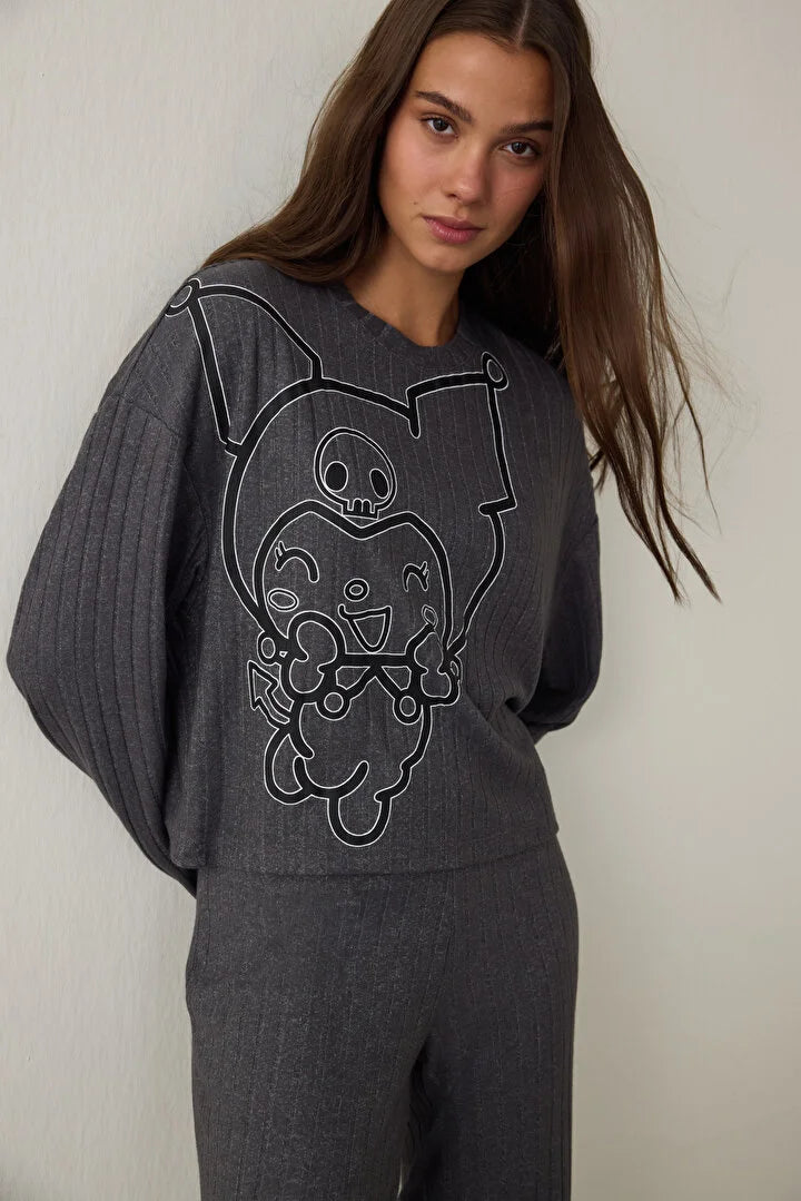 Penti Anthracite Kuromi Printed Boat Neck Long Sleeve Pajama Set
