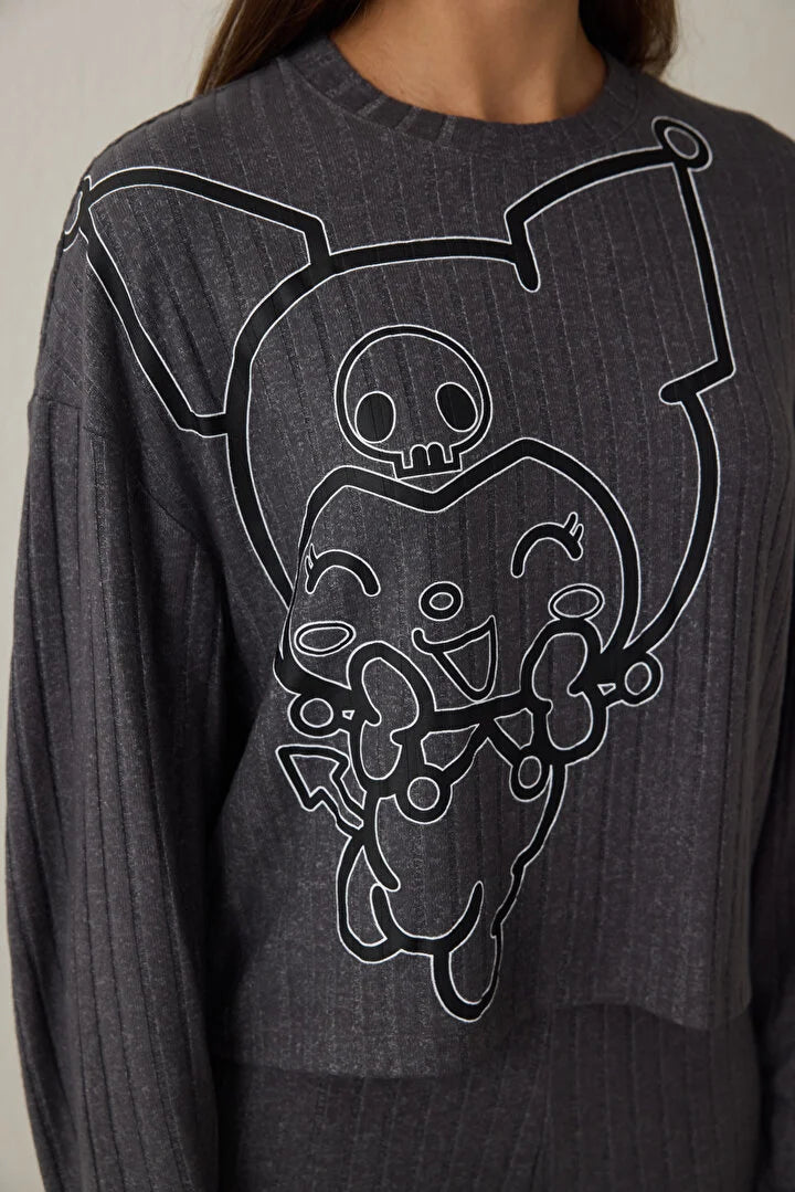 Penti Anthracite Kuromi Printed Boat Neck Long Sleeve Pajama Set