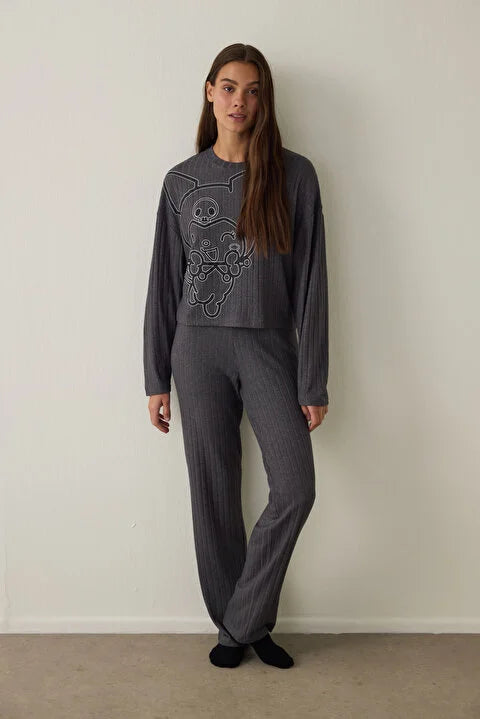 Penti Anthracite Kuromi Printed Boat Neck Long Sleeve Pajama Set