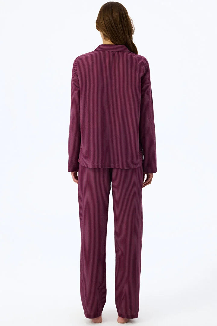 Penti Bordeaux Striped Long Sleeve Shirt & Trouser Pyjama Set