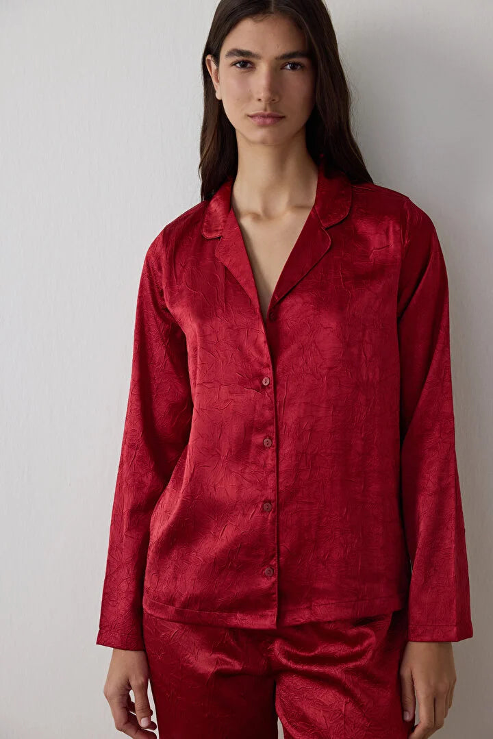 Penti Red Satin Shirt Collar Long Sleeve Pajama Set