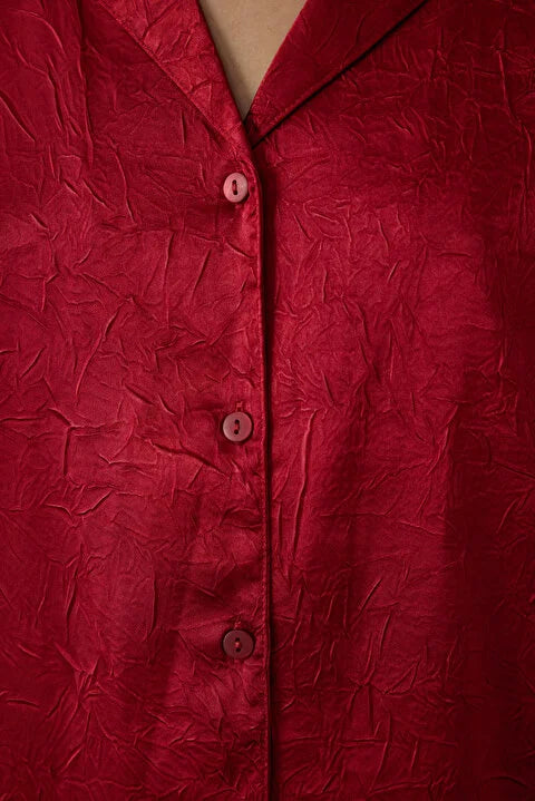 Penti Red Satin Shirt Collar Long Sleeve Pajama Set