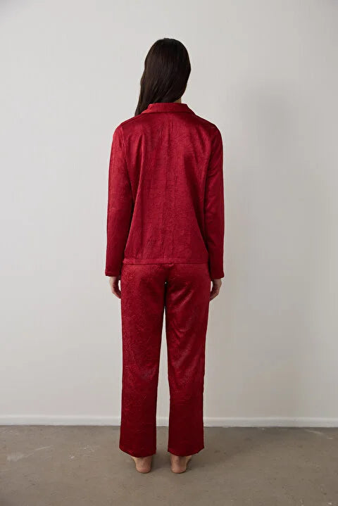 Penti Red Satin Shirt Collar Long Sleeve Pajama Set