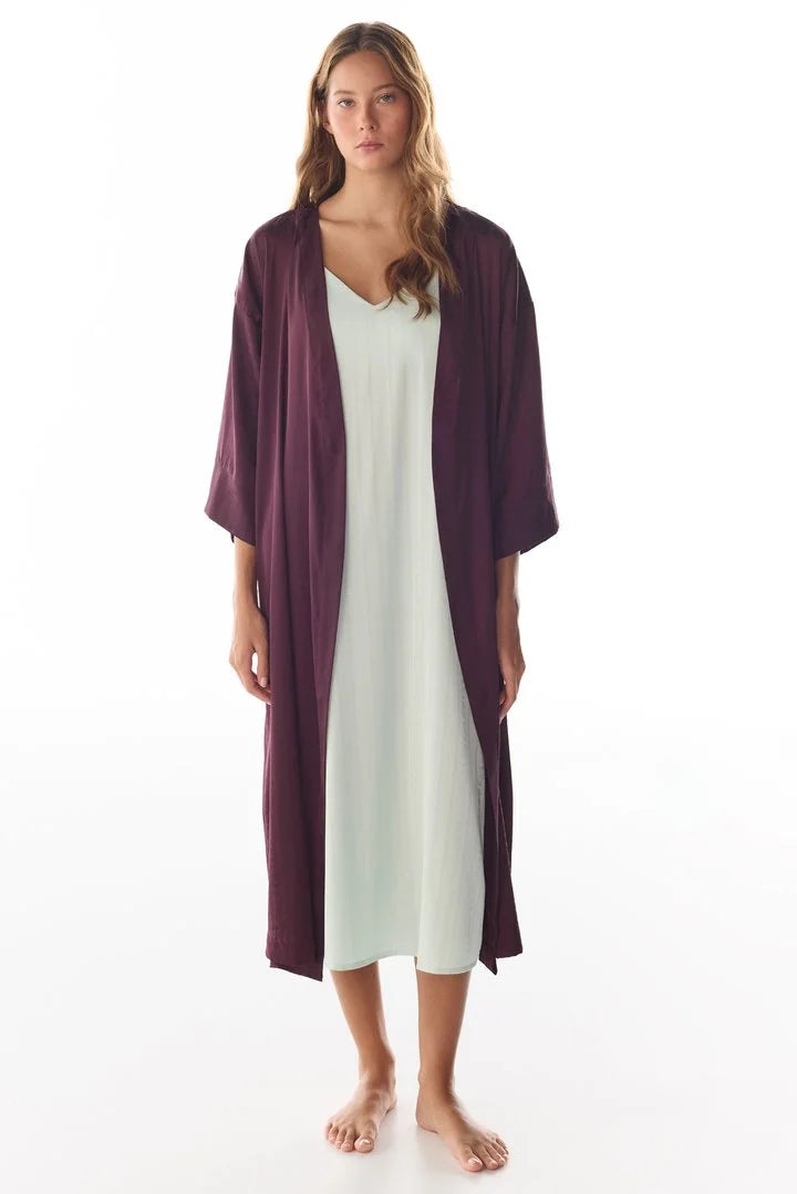 Penti Bordeaux Aurora Satin Floral 3/4 Sleeve Robe