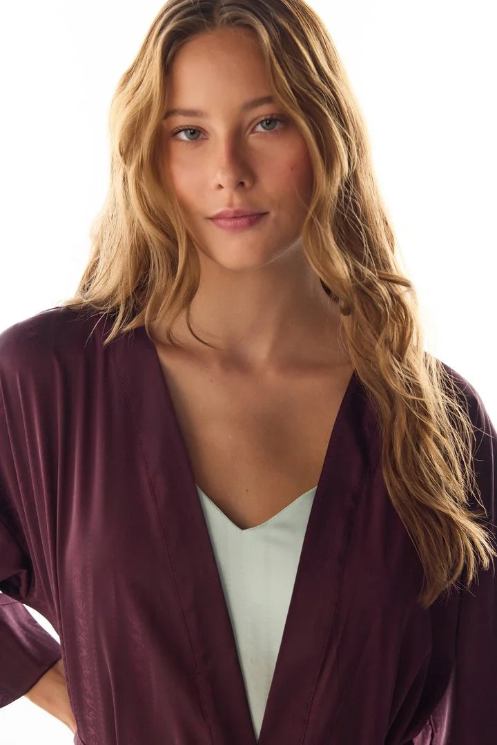 Penti Bordeaux Aurora Satin Floral 3/4 Sleeve Robe