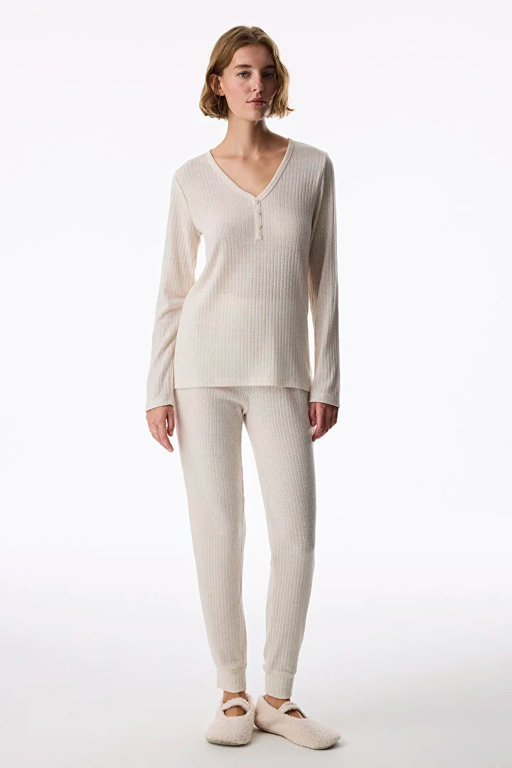 Penti Ecru Long-Sleeve Pants Pajama Set