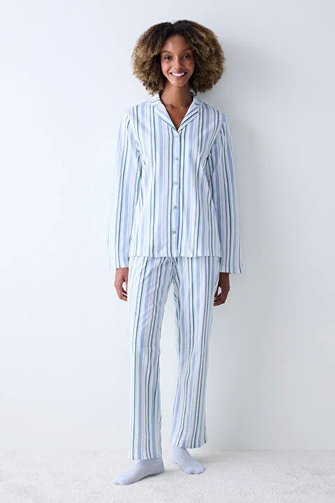 Penti Mixed Striped Light Grey Shirt Pant Pyjama Set