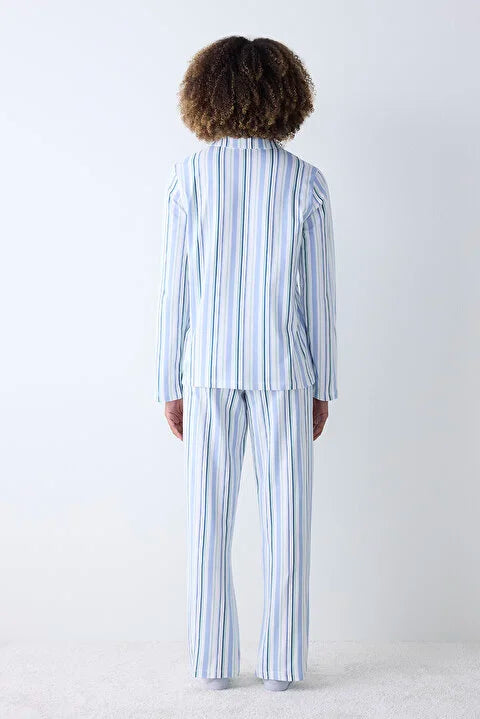 Penti Mixed Striped Light Grey Shirt Pant Pyjama Set