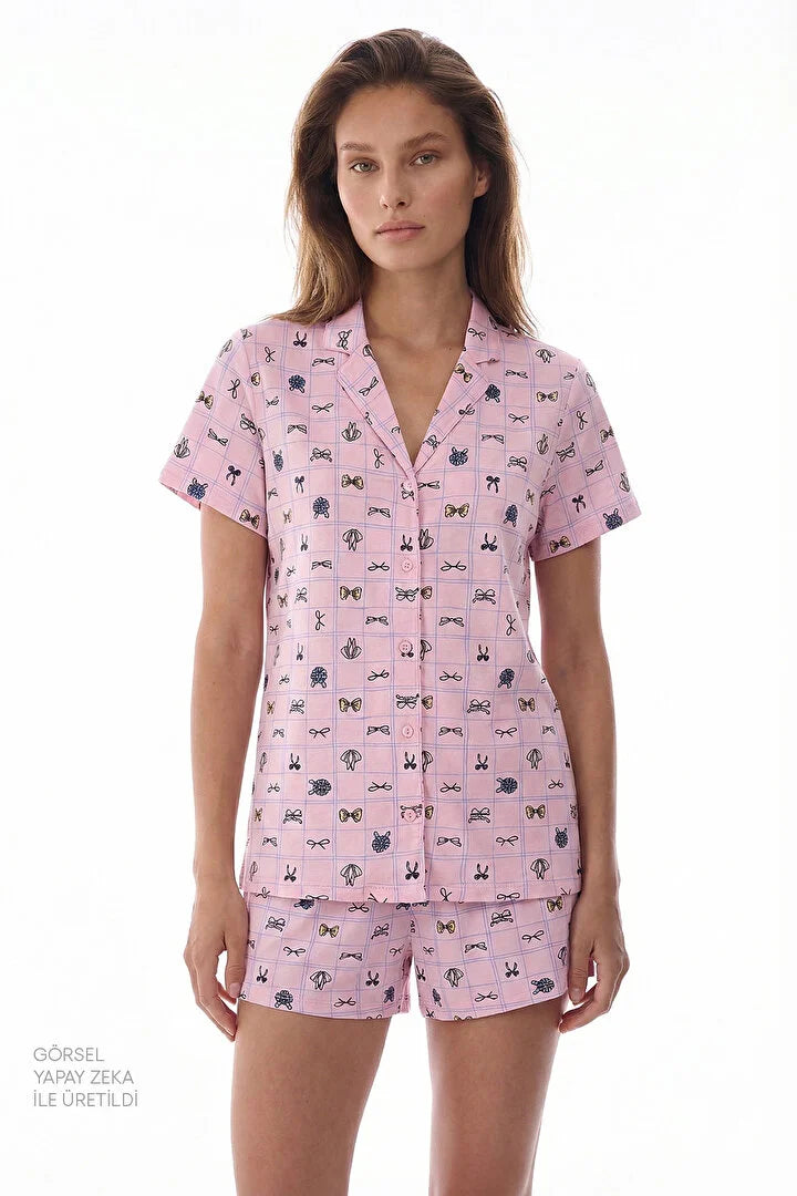 Penti Pink Cute Bows Shirt Shorts Pyjama Set