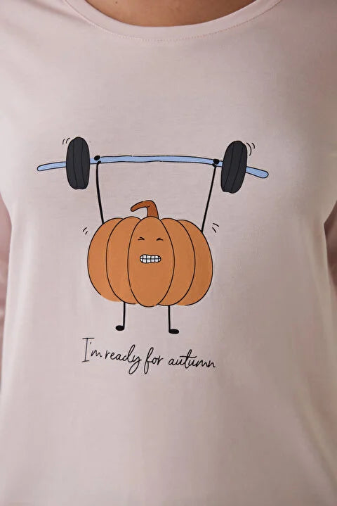 Penti Pumpkin Patterned Crew Neck Long Sleeve Pajama Set