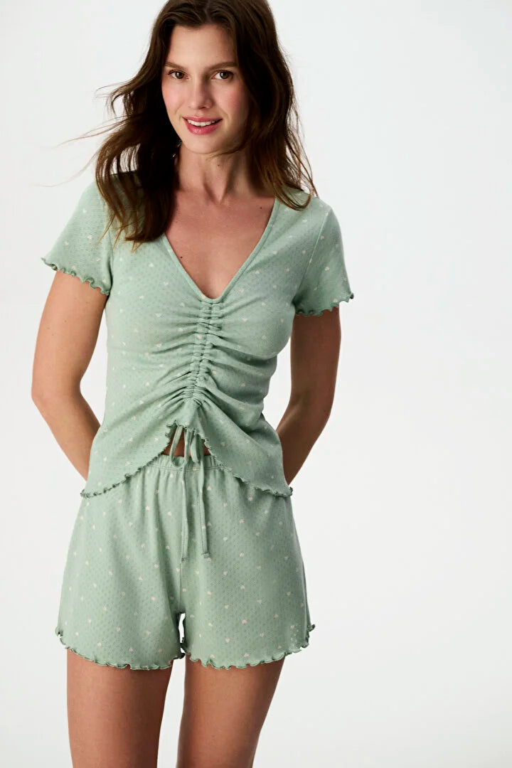 Penti Light Green Tiny Hearts Pointel Shorts Pajama Set