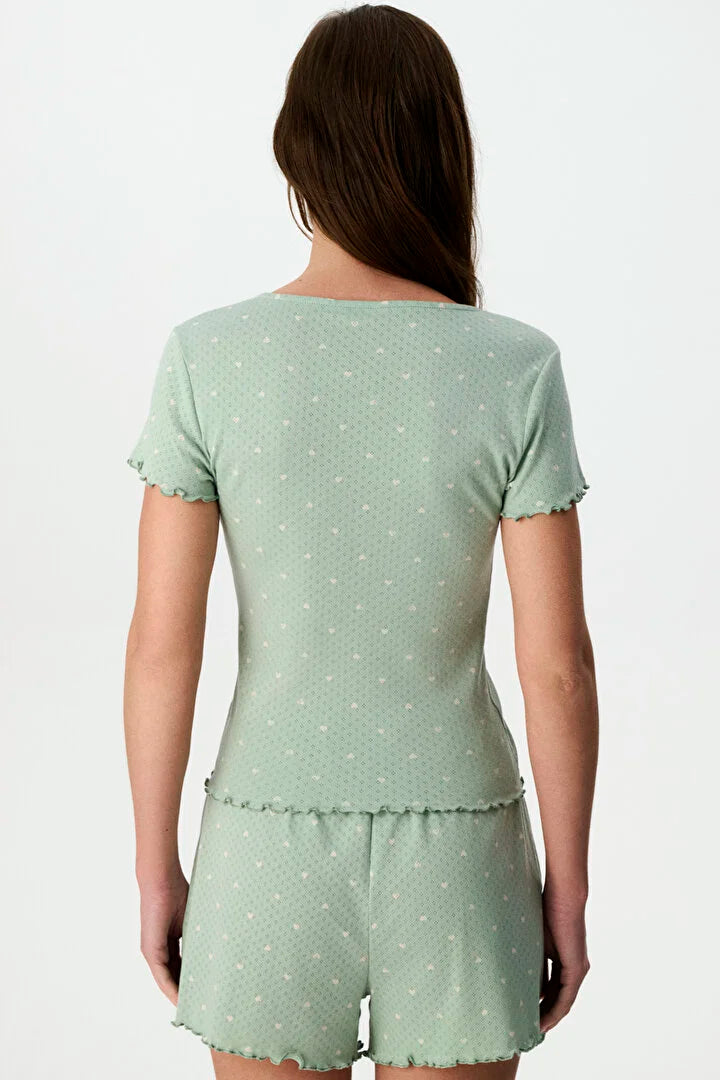 Penti Light Green Tiny Hearts Pointel Shorts Pajama Set