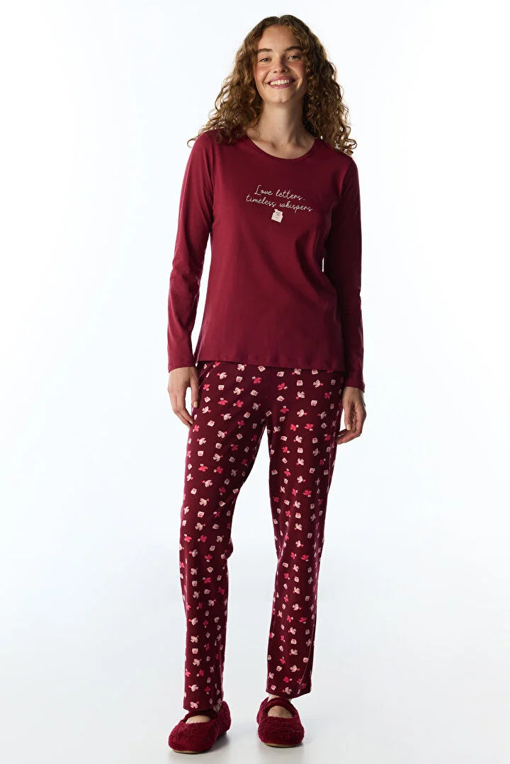 Penti Bordeaux Letters Bird Print Long Sleeve Pyjama Set With Trousers