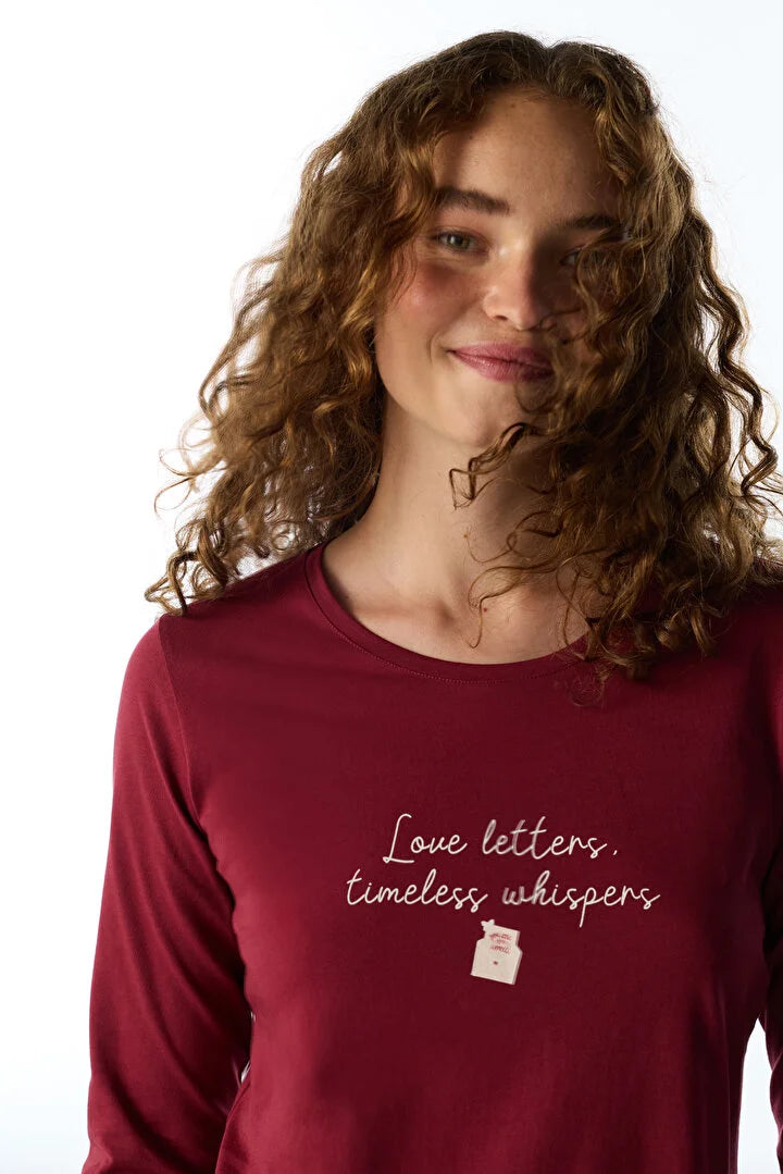 Penti Bordeaux Letters Bird Print Long Sleeve Pyjama Set With Trousers