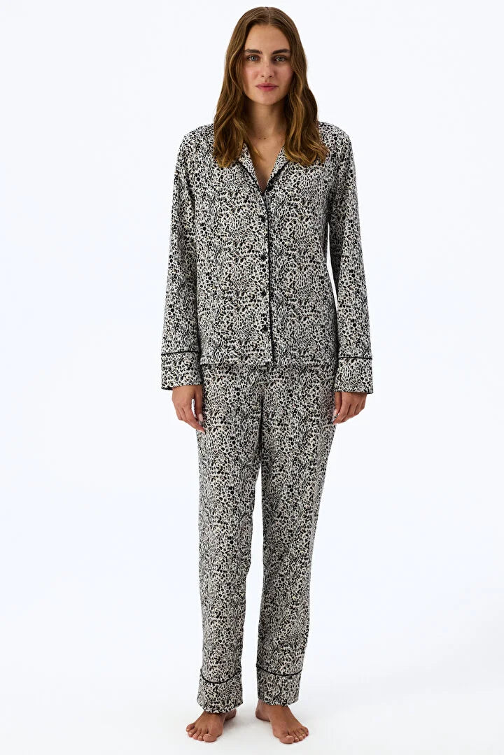 Penti Ecru Noir Garden Leopard Print Long-Sleeve Shirt and Pants Pajama Set