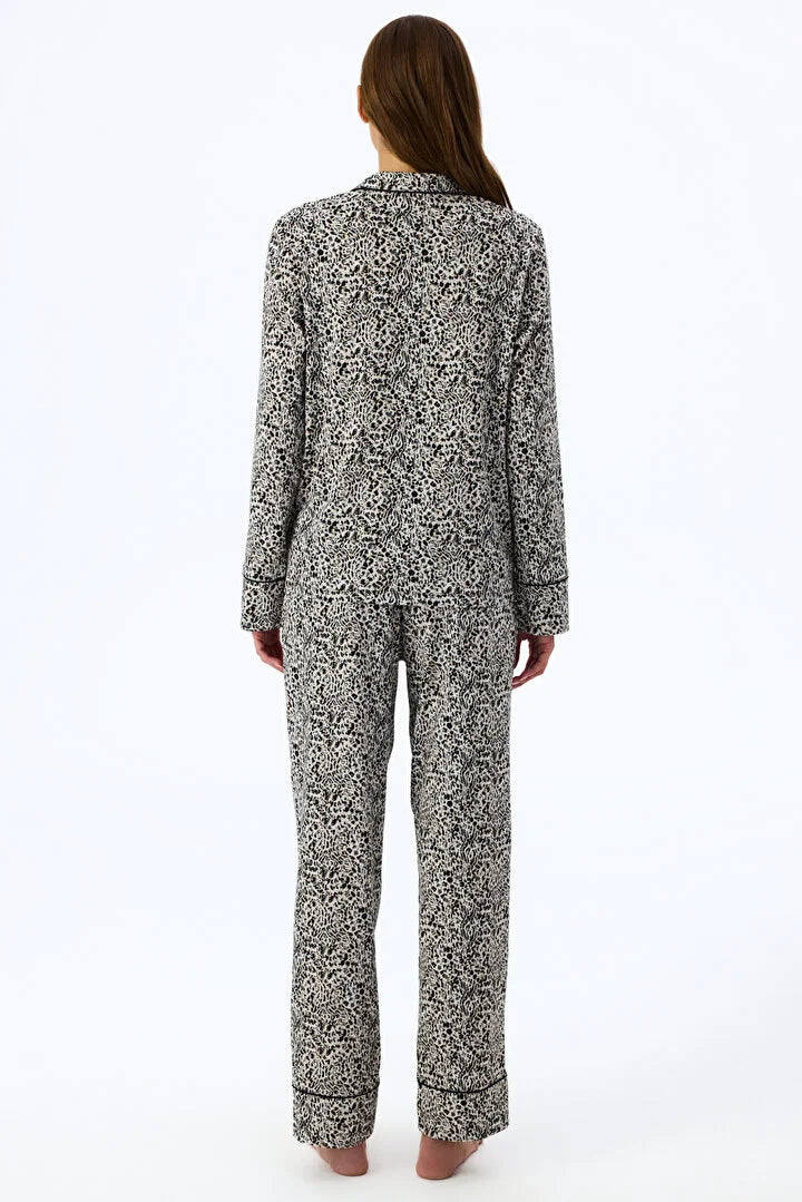 Penti Ecru Noir Garden Leopard Print Long-Sleeve Shirt and Pants Pajama Set