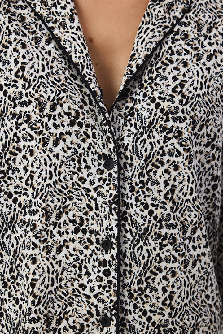 Penti Ecru Noir Garden Leopard Print Long-Sleeve Shirt and Pants Pajama Set