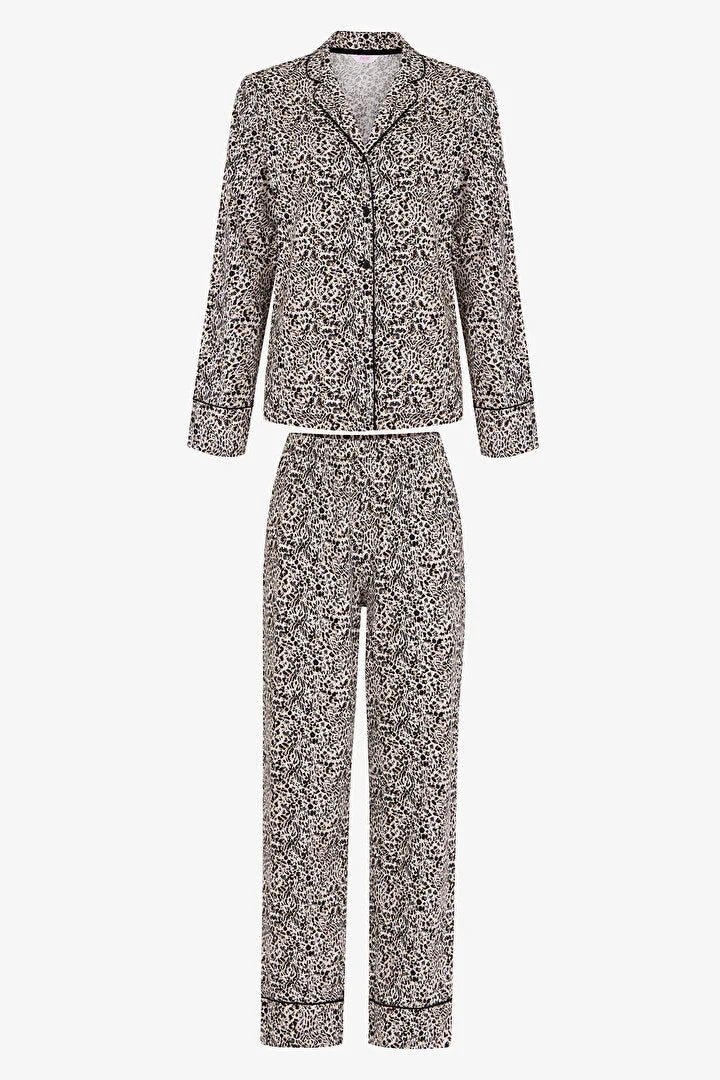 Penti Ecru Noir Garden Leopard Print Long-Sleeve Shirt and Pants Pajama Set