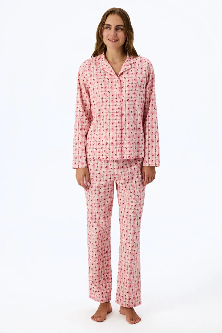 Penti Soft&nbsp;Pink Floral Garden Checked Long Sleeve Shirt & Trouser Pyjama Set