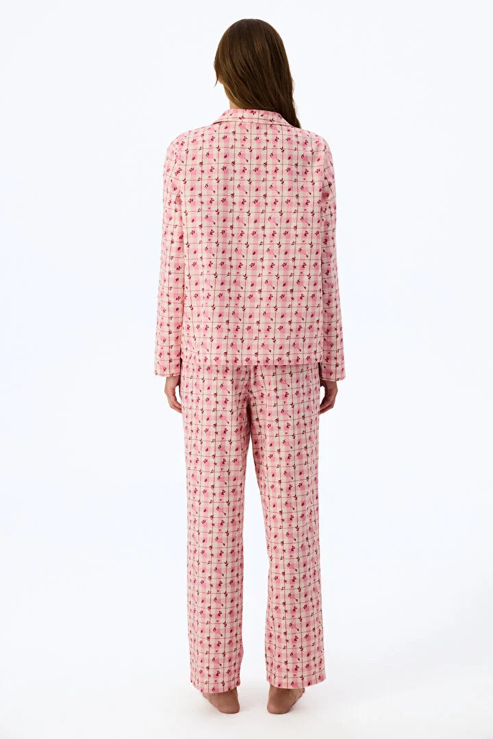 Penti Soft&nbsp;Pink Floral Garden Checked Long Sleeve Shirt & Trouser Pyjama Set