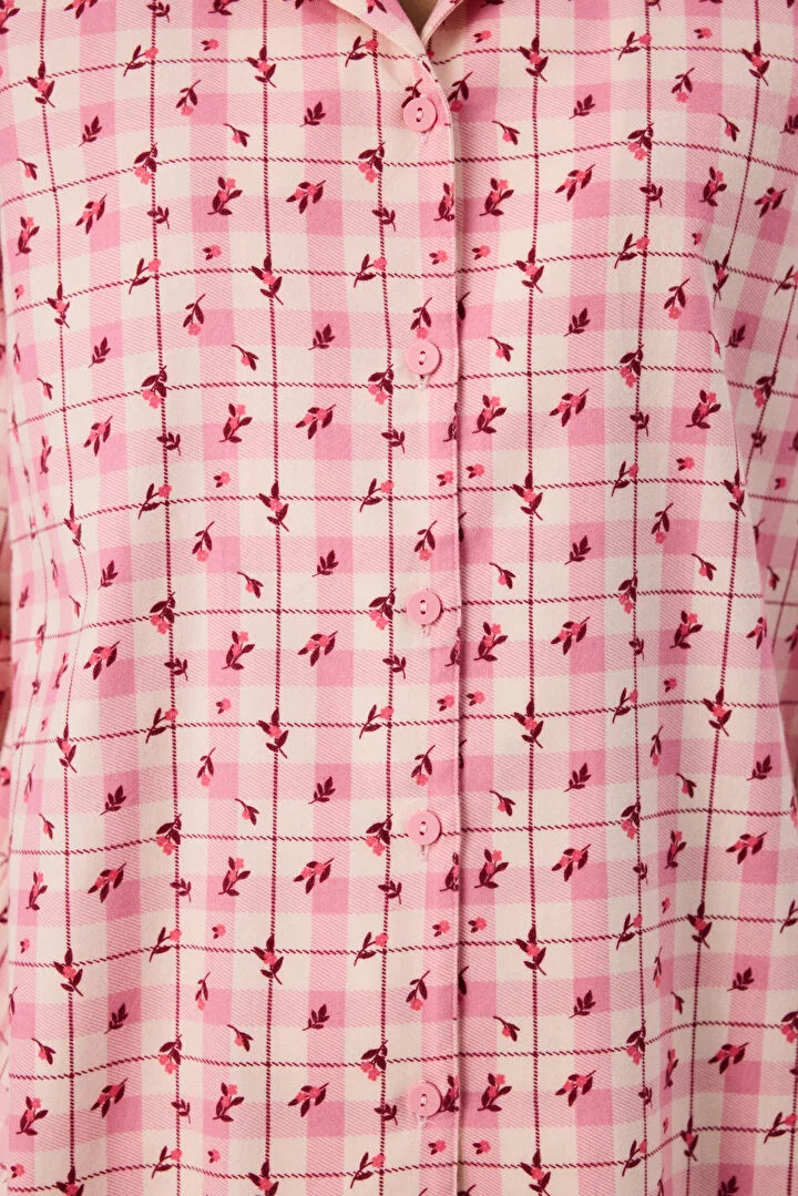 Penti Soft&nbsp;Pink Floral Garden Checked Long Sleeve Shirt & Trouser Pyjama Set