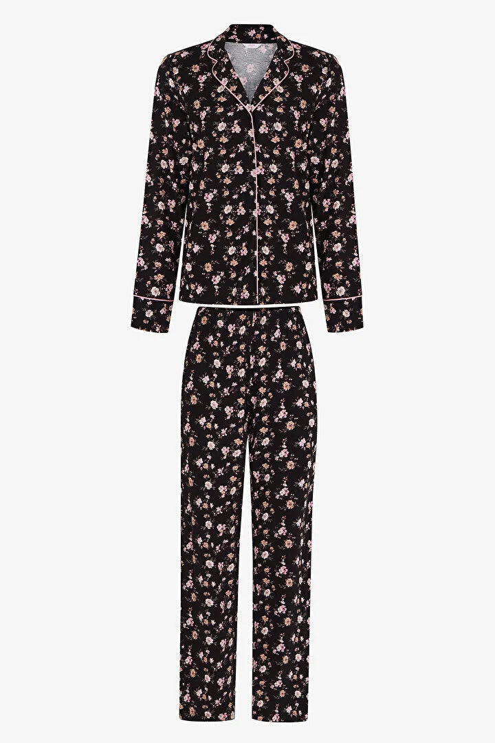 Penti Black Floral Dream Long Sleeve Shirt & Trouser Pyjama Set