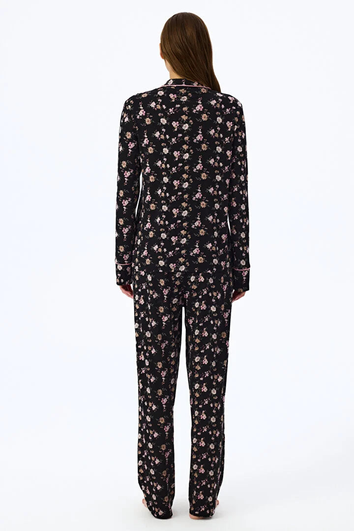 Penti Black Floral Dream Long Sleeve Shirt & Trouser Pyjama Set