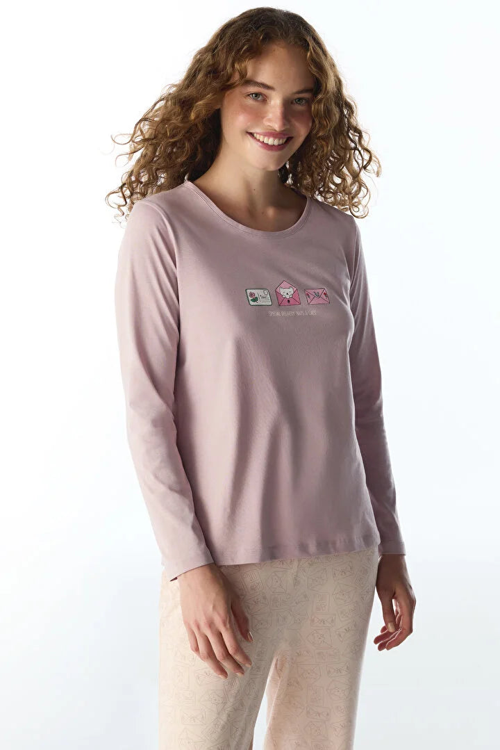 Penti Soft Pink Cat Print Long Sleeve Pyjama Set with Trousers