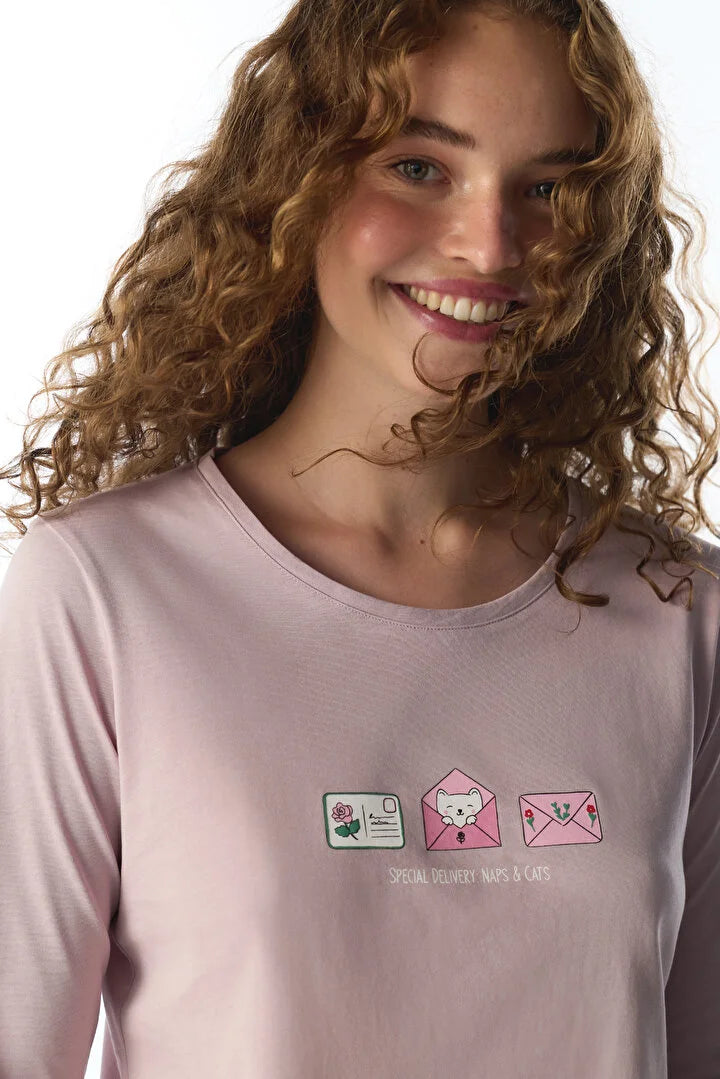 Penti Soft Pink Cat Print Long Sleeve Pyjama Set with Trousers