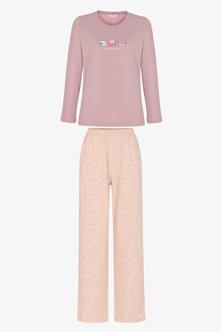 Penti Soft Pink Cat Print Long Sleeve Pyjama Set with Trousers