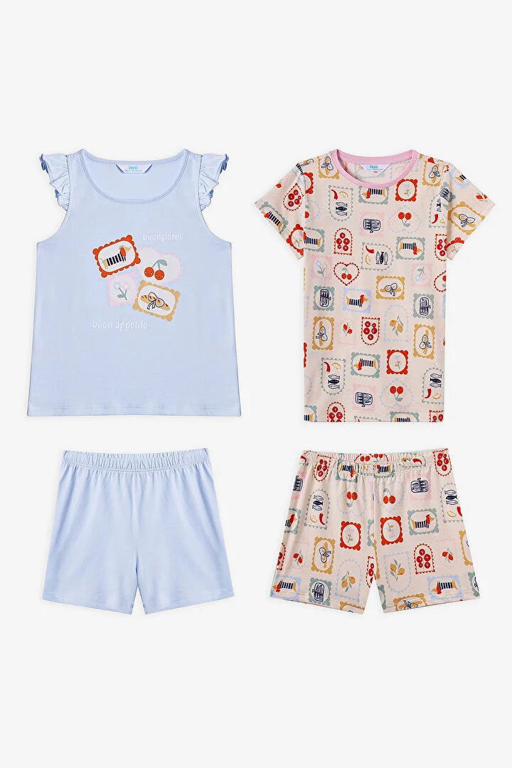 Penti Girl Light Blue Printed Design 2 in 1 Pyjama Shorts Set