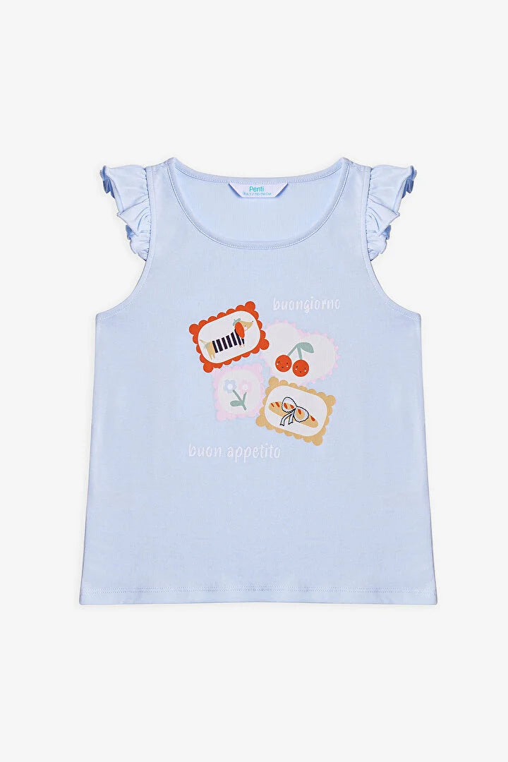 Penti Girl Light Blue Printed Design 2 in 1 Pyjama Shorts Set