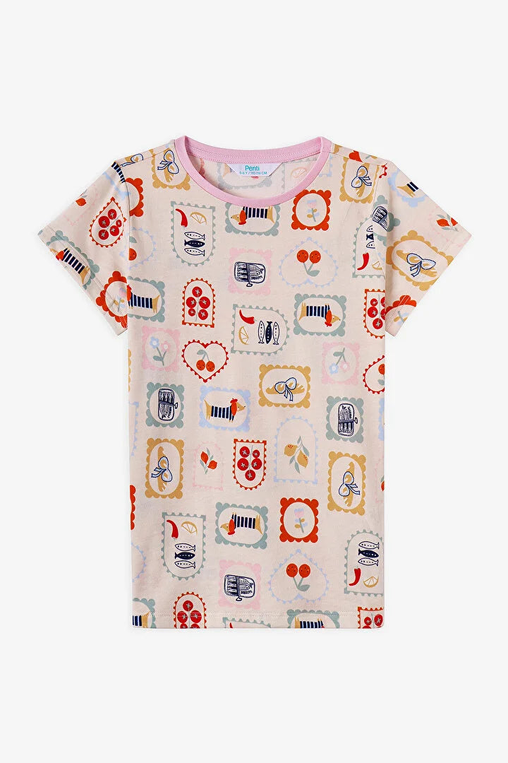 Penti Girl Light Blue Printed Design 2 in 1 Pyjama Shorts Set