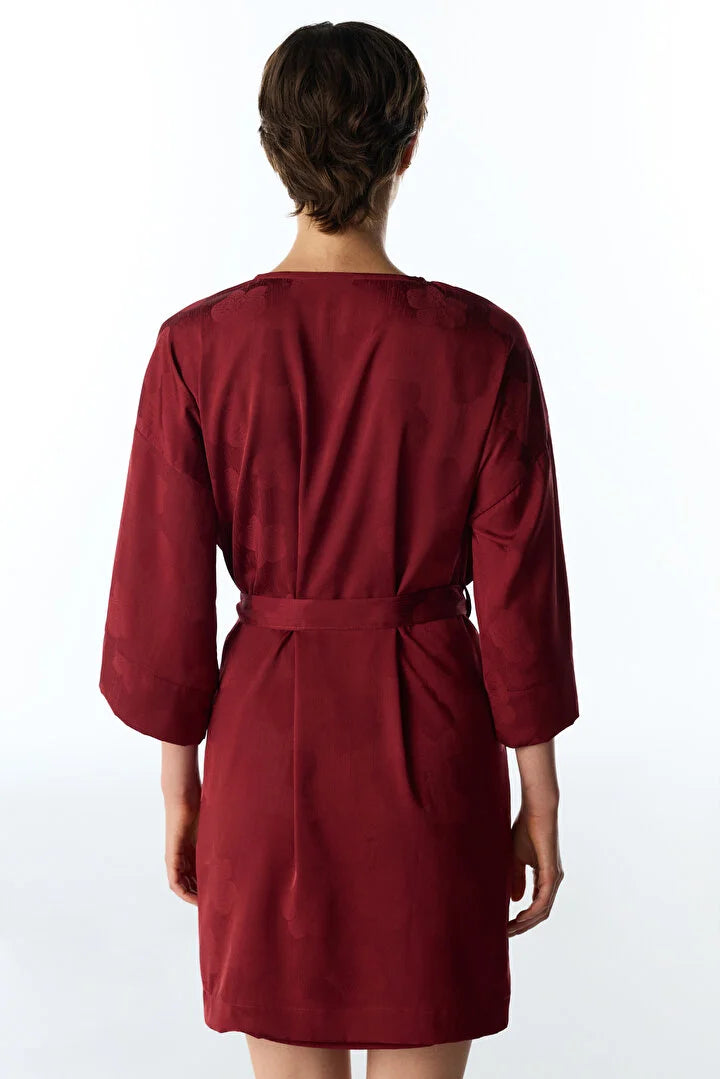 Penti Bordeaux Orquidea Satin Floral 3/4 Sleeve Robe