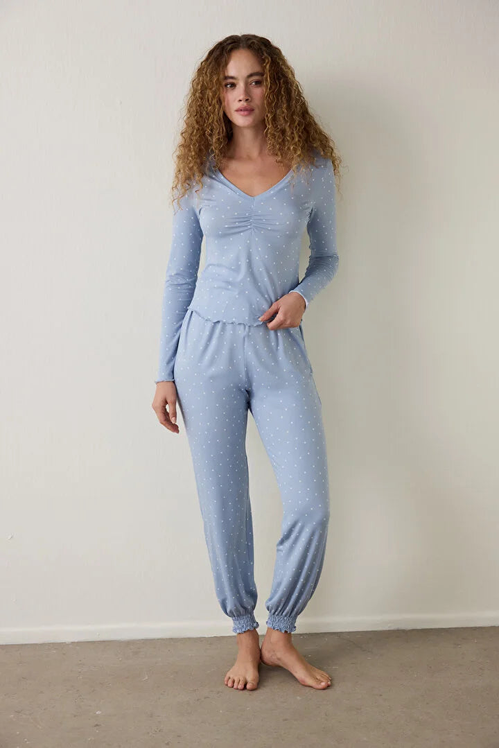 Penti Light Blue Dreamy Polka Dot Patterned V-Neck Long Sleeve Pajama Set