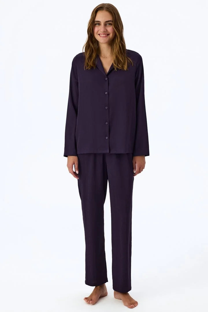 Penti Dark Purple Midnight Satin Striped Long Sleeve Shirt & Trouser Pyjama Set