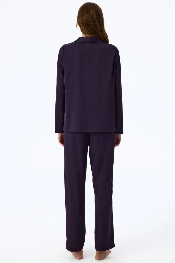 Penti Dark Purple Midnight Satin Striped Long Sleeve Shirt & Trouser Pyjama Set