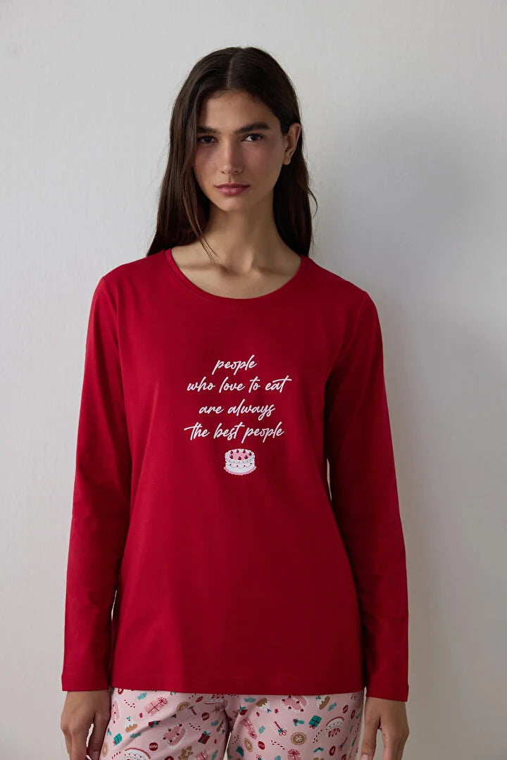 Penti Red Joyous Time New Year's Themed Crew Neck Long Sleeve Pajama Set