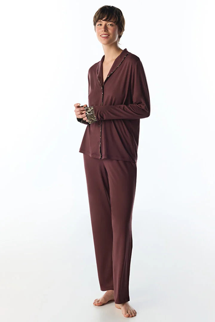Penti Brown Margot Snake Print Long Sleeve Shirt & Trouser Pyjama Set