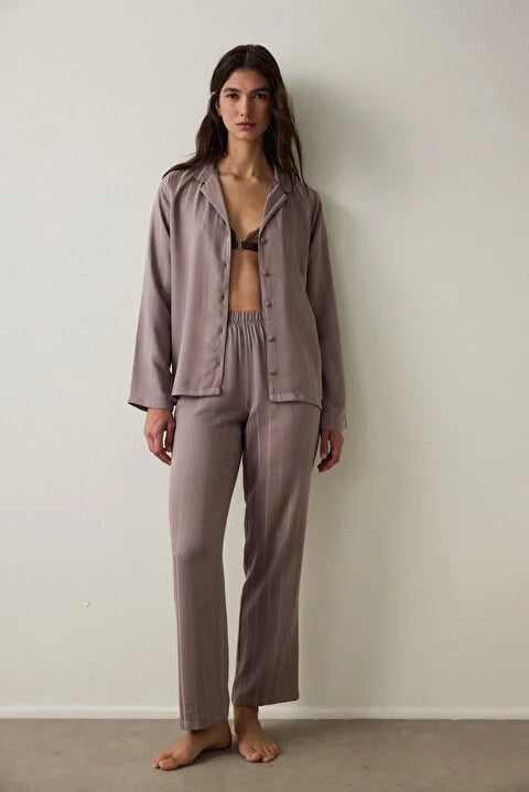 Penti Dark Beige Emilia Tie Detailed Shirt Collar Satin Pajama Set