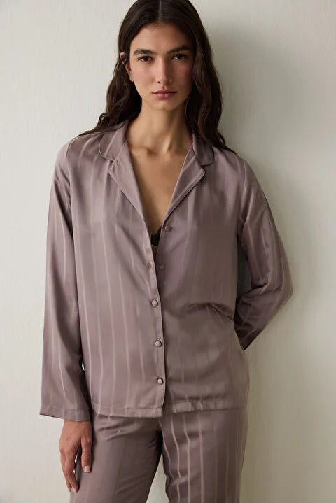 Penti Dark Beige Emilia Tie Detailed Shirt Collar Satin Pajama Set