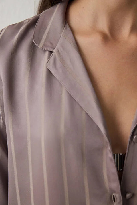 Penti Dark Beige Emilia Tie Detailed Shirt Collar Satin Pajama Set