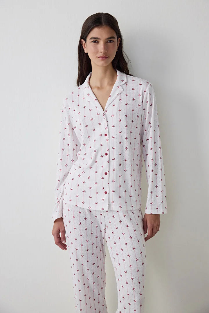 Penti Off-White Bow Patterned Shirt Collar Long Sleeve Pajama Set