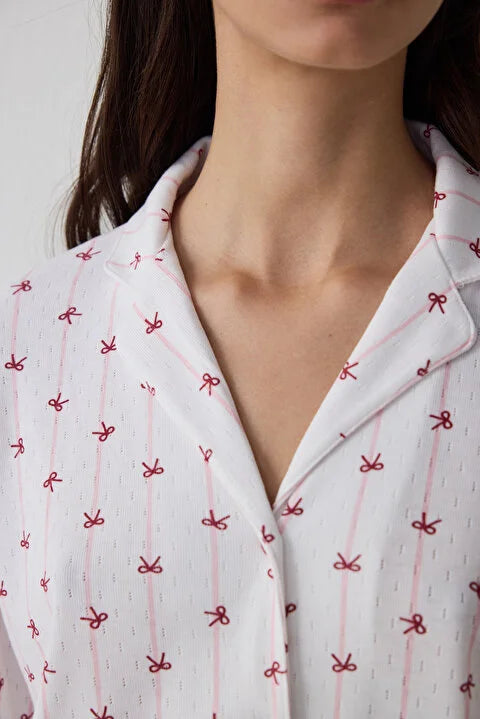 Penti Off-White Bow Patterned Shirt Collar Long Sleeve Pajama Set
