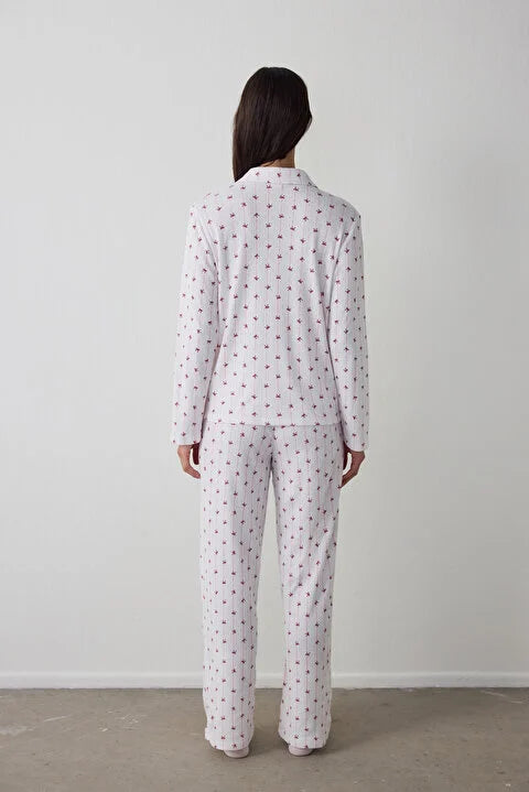 Penti Off-White Bow Patterned Shirt Collar Long Sleeve Pajama Set